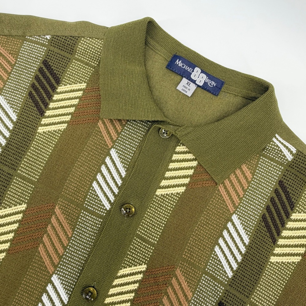 Michael Irvin 88 Shirt Mens XL Green Geometric Knit Button Front Retro Polo